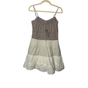To The Max Dress XS Gray Grey Tan White Tiered Cotton Boho Sundress Cottagecore